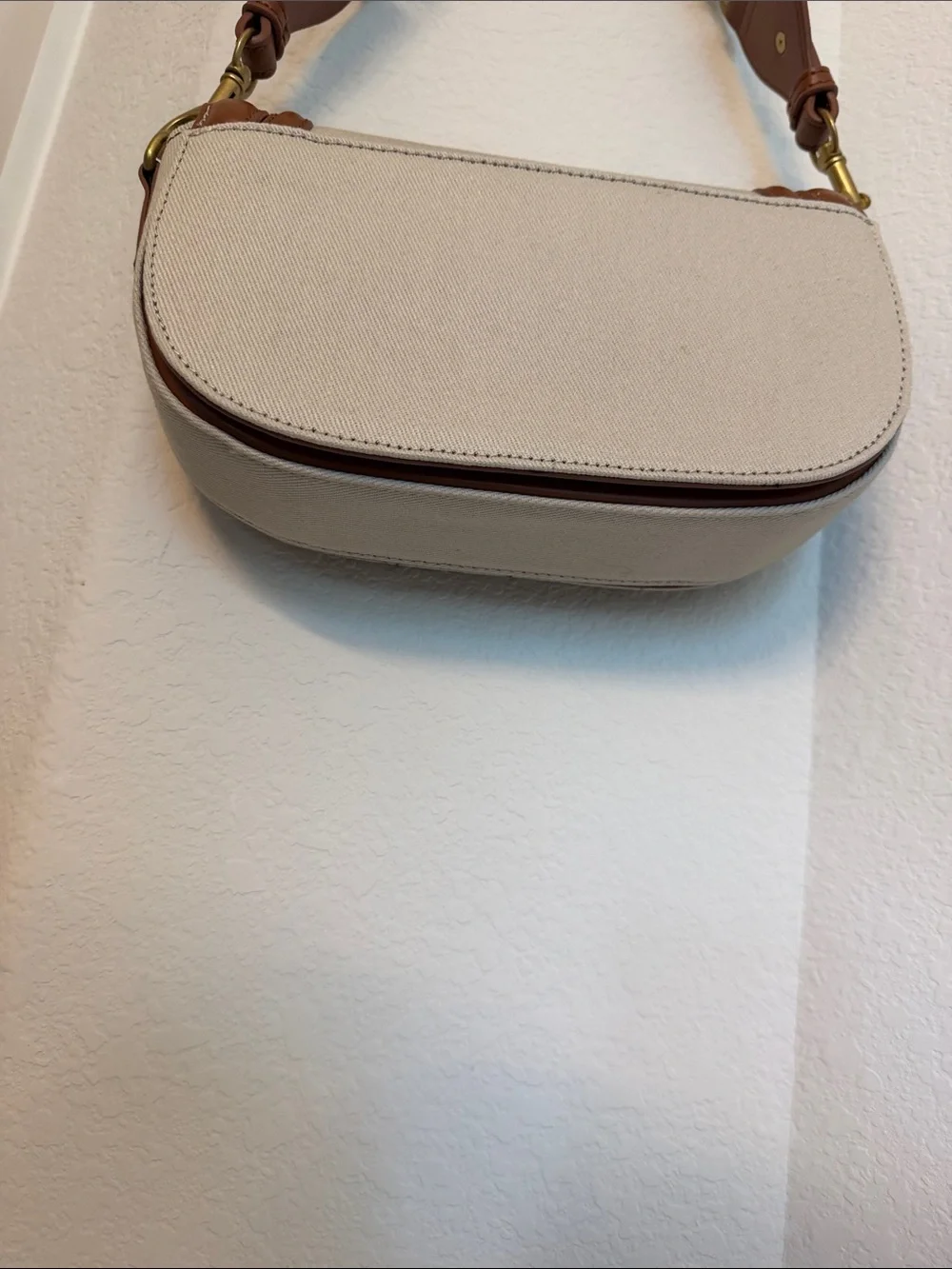 Zara Beige Canvas Shoulder Bag with Brown Leather Trim